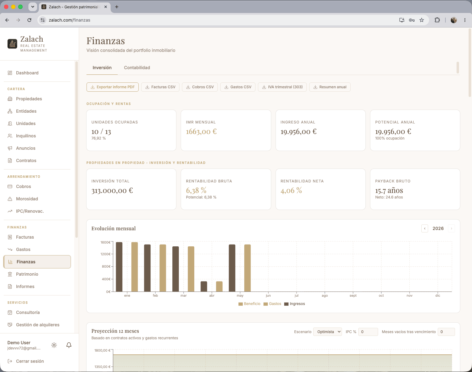 Software de gestión de patrimonio inmobiliario de Zalach: rentabilidad y apalancamiento por activo