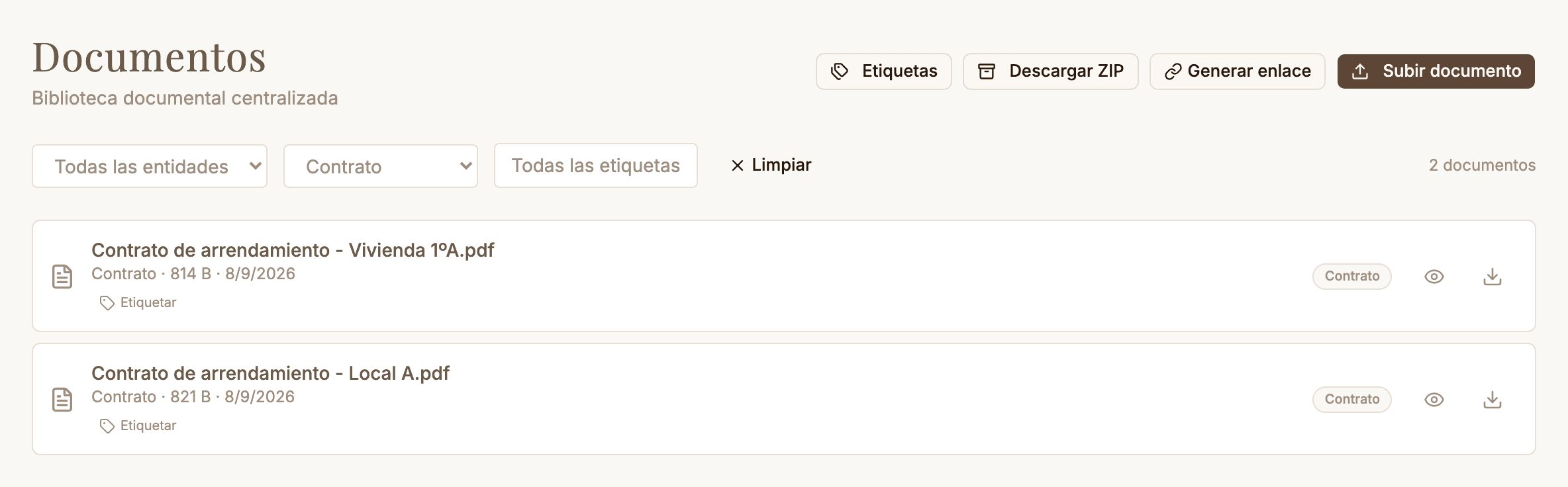 Listado de Documentos en Zalach filtrado por tipo, con el visor de vista previa de un archivo abierto junto a la lista.