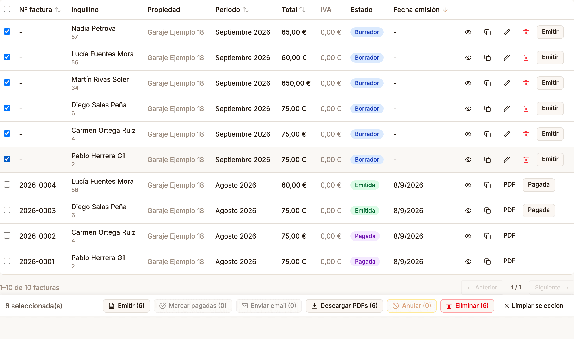 Listado de facturas de Zalach con seis borradores del periodo de septiembre marcados con checkbox y la barra de acciones en lote inferior mostrando Emitir (6), Marcar pagadas (0), Enviar email (0), Descargar PDFs (6), Anular (0) y Eliminar (6).