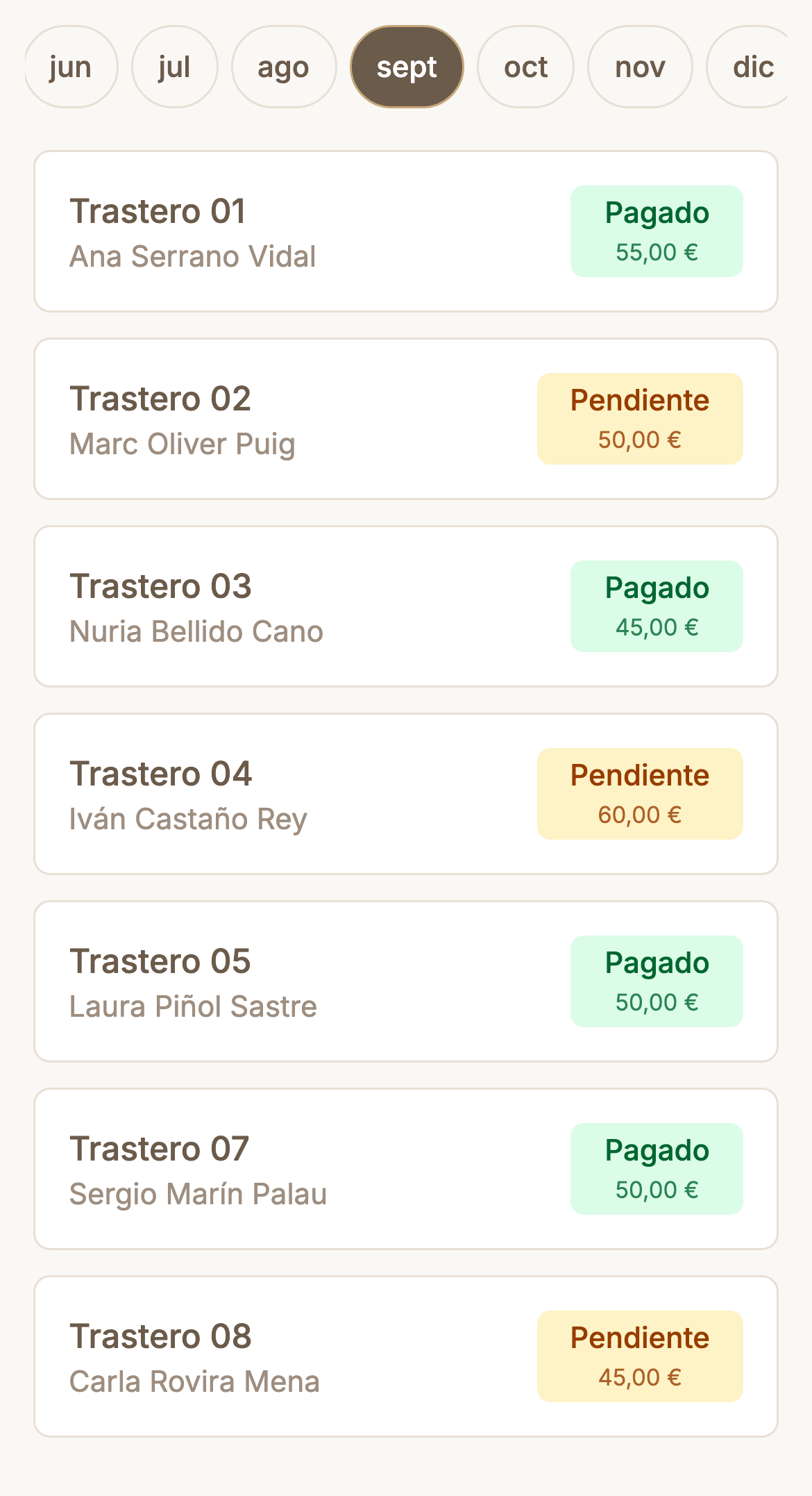 Matriz de cobros de Zalach con una fila por trastero y una columna por mes, con los meses pagados y los pendientes