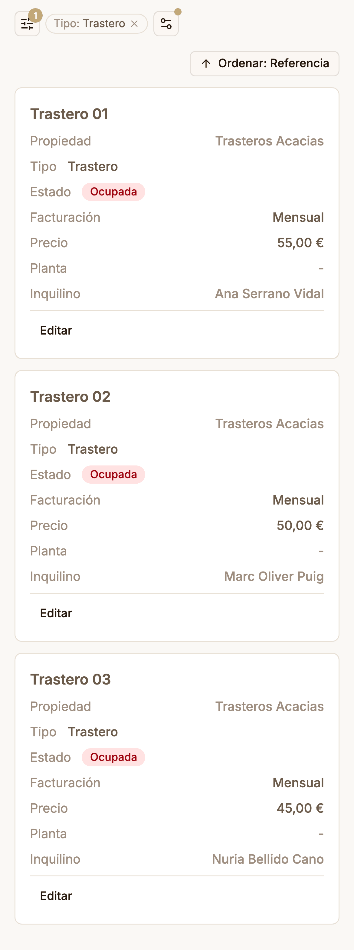 Listado de unidades de Zalach filtrado por trasteros, con la referencia, el estado y la renta de cada unidad