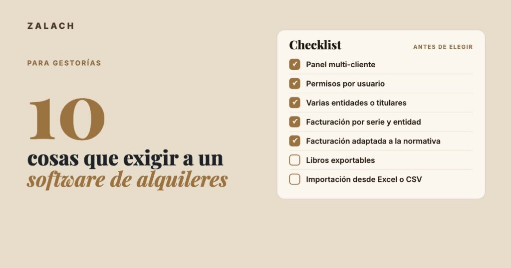 Portada del artículo sobre qué exigir a un software de alquileres para gestorías: checklist con panel multi-cliente, permisos, entidades, facturación, libros e importación