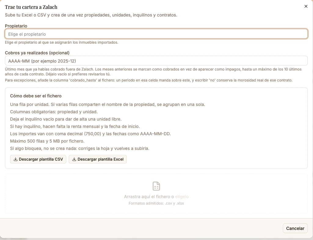 Ventana de importación de cartera en Zalach para subir un Excel o CSV y crear propiedades, unidades, inquilinos y contratos