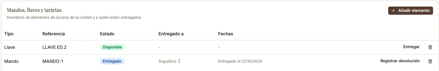 Inventario de mandos, llaves y tarjetas de una plaza de garaje en Zalach, con el estado de cada elemento y a quién está entregado